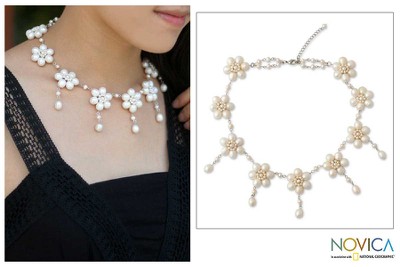 Pearl choker, 'White Jasmine' - Unique Floral Pearl Necklace