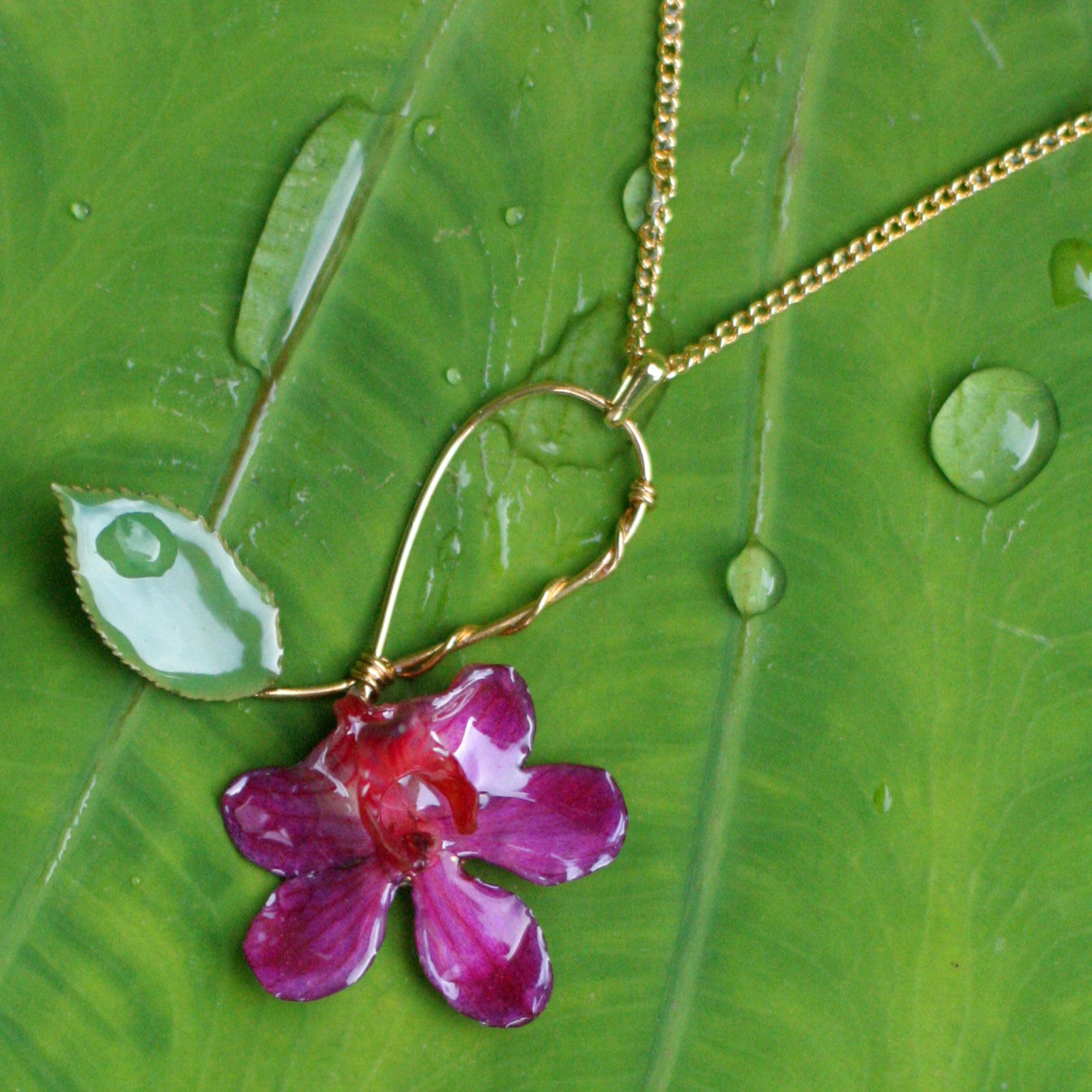 Artisan Crafted Natural Flower Pendant Necklace, 'Sublime' Real orchid 24 carat gold-plated chain Handcrafted Jewelry