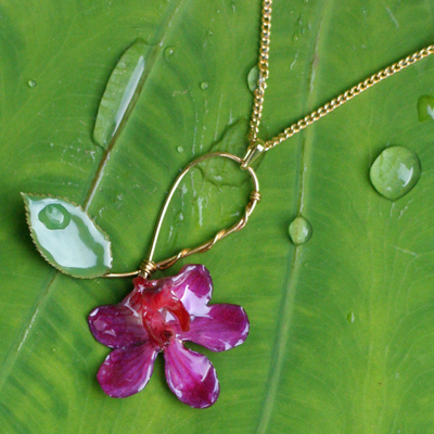 Natural orchid flower necklace, 'Sublimely Natural' - Artisan Crafted Natural Flower Pendant Necklace