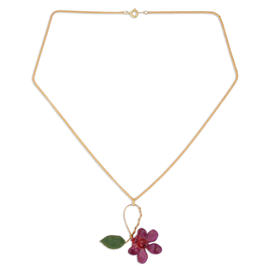 Halskette mit natürlichen Orchideenblüten - Kunsthandwerklich gefertigte Halskette mit natürlichem Blumenanhänger