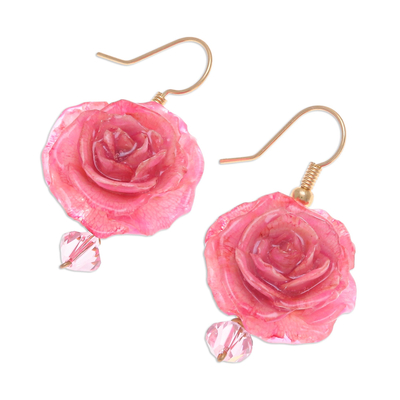 Natural rose flower earrings, 'Timeless Pink' - Natural Flower Dangle Earrings