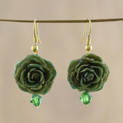 Natural rose flower earrings, 'Timeless Green' - Natural rose flower earrings