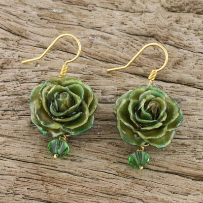 Natural rose flower earrings, 'Timeless Green' - Natural rose flower earrings