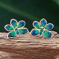 Natural orchid gold-plated flower earrings,'Aqua Perfection'