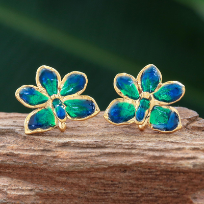 Natural orchid gold-plated flower earrings, 'Aqua Perfection' - Natural orchid gold-plated flower earrings