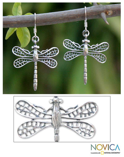 Sterling silver dangle earrings, 'Wings of Love' - Handmade Sterling Silver Dangle Earrings