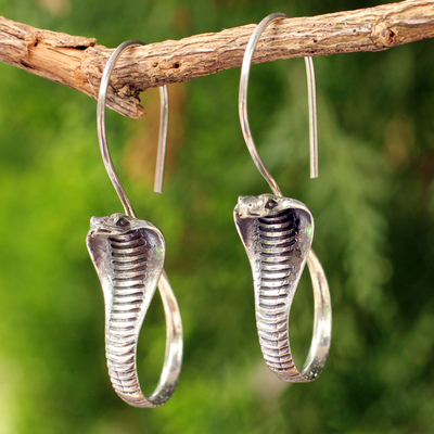 Sterling silver drop earrings, 'Cobra Guardian' - Sterling Silver Snake Earrings