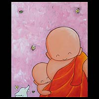 'Novice Monk' - Pintura acrílica de un joven monje novicio