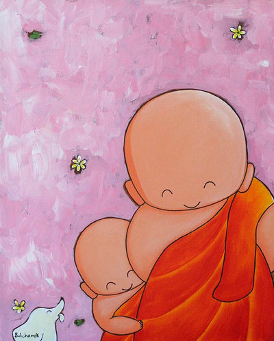 'Novice Monk' - Pintura acrílica de un joven monje novicio