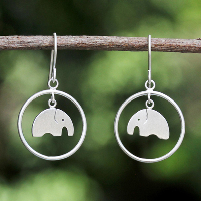 Sterling silver dangle earrings, 'Elephant Circle' - Unique Sterling Silver Dangle Earrings