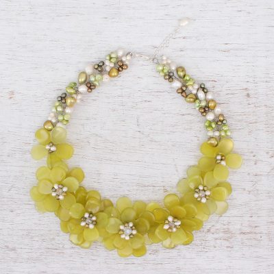 Pearl and serpentine flower necklace, 'Elixir' - Pearl and Serpentine Flower Necklace