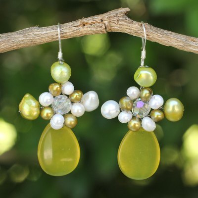 Pearl and serpentine cluster earrings, 'Elixir' - Serpentine and Pearl Dangle Earrings