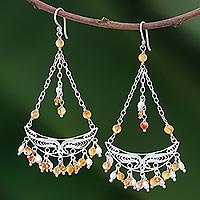 Pearl and carnelian chandelier earrings, 'Timeless' - Unique Sterling Silver and Carnelian Earrings