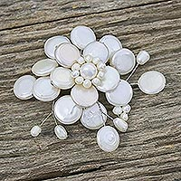 Pearl brooch pin, 'Morning Chrysanthemum' - Handmade Floral Pearl Brooch Pin