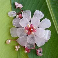 Pearl and rose quartz brooch pin, 'Apple Blossom' - Floral Multigem Rose Quartz Brooch Pin