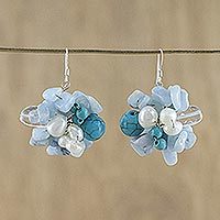 Pearl and aquamarine cluster earrings, 'Sensation' - Handcrafted Multigem Beaded Womens Cluster Dangle Earrings