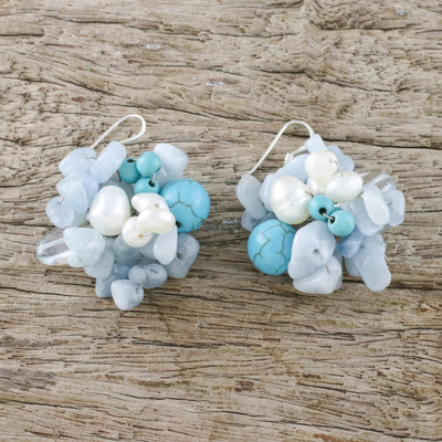 Pearl and aquamarine cluster earrings, 'Sensation' - Handcrafted Aquamarine and Pearl Dangle Earrings