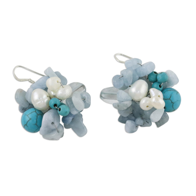 Pendientes de racimo de perlas y aguamarina, 'Sensation' - Pendientes colgantes de aguamarina y perlas hechos a mano