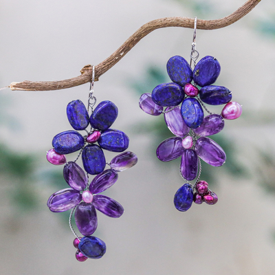 Amethyst and lapis flower earrings, 'Blossoming' - Amethyst and Lapis Lazuli Flower Earrings