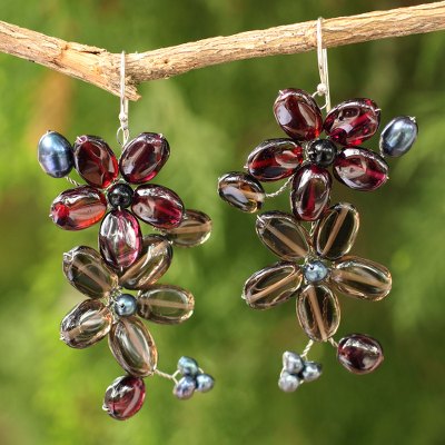 Garnet and smoky quartz earrings, 'Blossoming' - Garnet and Quartz Flower Earrings