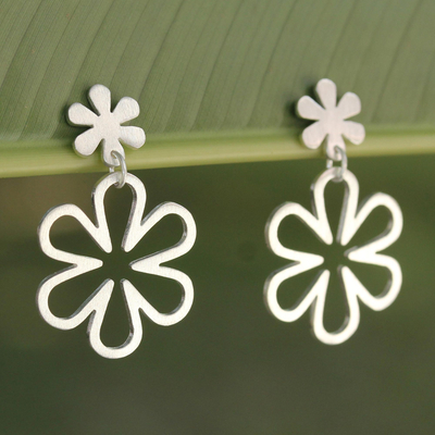Sterling silver dangle earrings, 'Flower Power' - Handcrafted Floral Sterling Silver Dangle Earrings