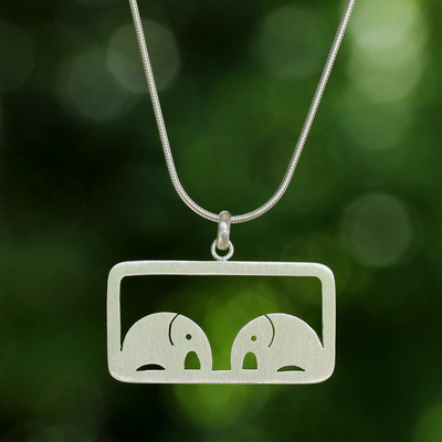 Sterling silver pendant necklace, 'Elephant Lovers' - Sterling Silver Pendant Necklace
