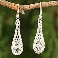 Sterling silver dangle earrings, 'Thai Lace' - Thai Handmade Sterling Silver Dangle Filigree Earrings