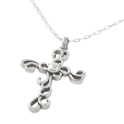Sterling silver cross necklace, 'Gothic Lace' - Sterling Silver Cross Necklace