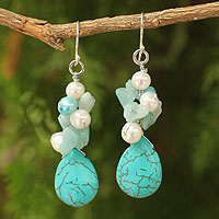 Pearl cluster earrings, 'Bluebells' - Handcrafted Turquoise Colored Dangle Earrings