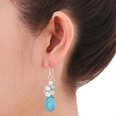 Pearl cluster earrings, 'Bluebells' - Handcrafted Turquoise Colored Dangle Earrings