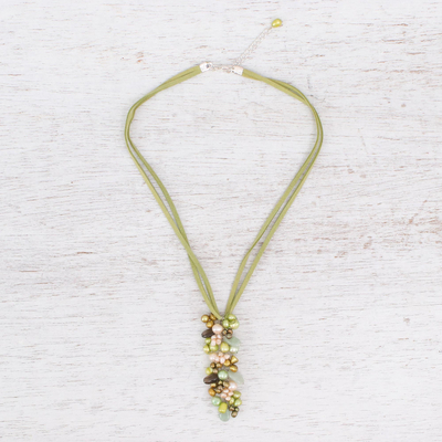 Pearl and smoky quartz pendant necklace, 'Verdant Fascination' - Fair Trade Pearl Pendant Necklace