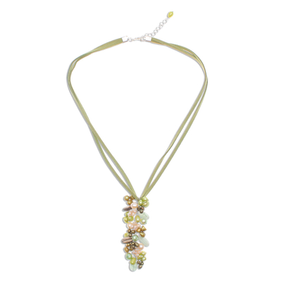 Pearl and smoky quartz pendant necklace, 'Verdant Fascination' - Fair Trade Pearl Pendant Necklace