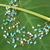 Pearl strand necklace, 'Cool Shower' - Beaded Turquoise coloured Necklace