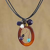 Leather and agate pendant necklace, 'Lush Cosmos' - Fair Trade Thai Gemstone Pendant Necklace