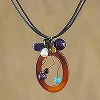 Leather and agate pendant necklace, 'Lush Cosmos' - Handcrafted Agate Necklace