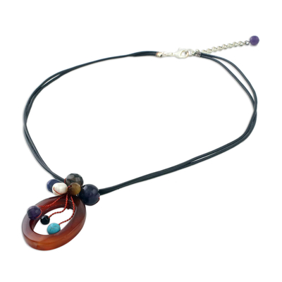 Leather and agate pendant necklace, 'Lush Cosmos' - Handcrafted Agate Necklace