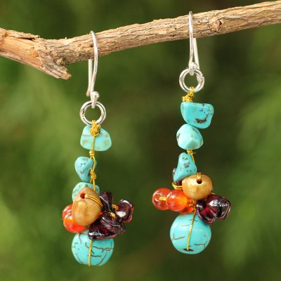 Cultured pearl and garnet cluster earrings, 'Dawn Sky' - Hand Crafted Beaded Multigem Earrings