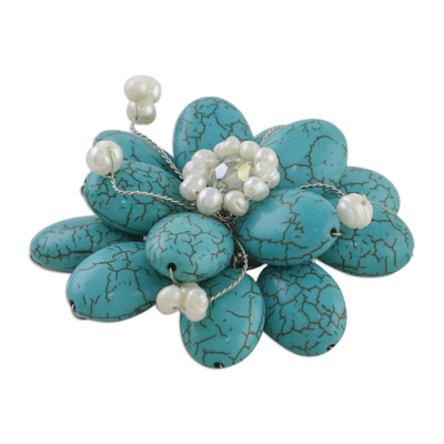 Perlenbrosche - Florale türkisfarbene Broschennadel