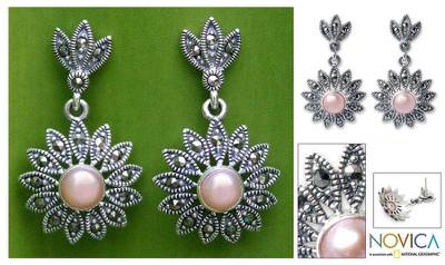 Marcasite and pearl flower earrings, 'Chiang Rai Rose' - Handmade Marcasite and Pearl Flower Earrings