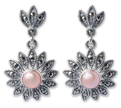 Marcasite and pearl flower earrings, 'Chiang Rai Rose' - Handmade Marcasite and Pearl Flower Earrings