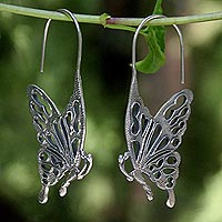 Sterling silver drop earrings, 'Butterfly Kisses'