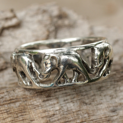 Sterling silver band ring, 'Elephant Walk' - Sterling Silver Elephant Theme Band Ring from Thailand