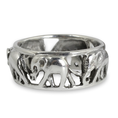 Sterling silver band ring, 'Elephant Walk' - Sterling Silver Elephant Theme Band Ring from Thailand