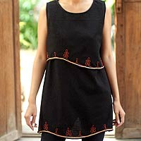 Cotton blouse, 'Layers in Black' - Embroidered Cotton Sleeveless Blouse