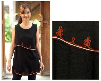 Cotton blouse, 'Layers in Black' - Embroidered Cotton Sleeveless Blouse
