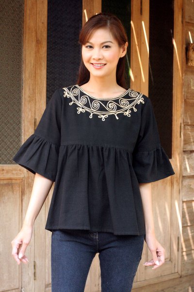 Cotton blouse, 'Licorice Chic' - Embroidered Black Cotton Blouse