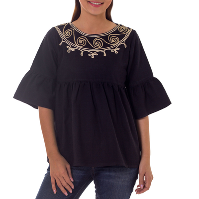 Cotton blouse, 'Licorice Chic' - Embroidered Black Cotton Blouse
