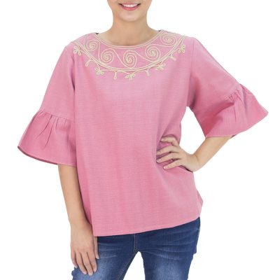 Cotton blouse, 'Pink Sugar Chic' - Hand Made Cotton Blouse