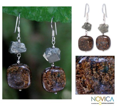 Pyrite and bronzite dangle earrings, 'Ode to Chic' - Bronzite and Pyrite Dangle Earrings