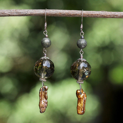 Pendientes colgantes de perlas y cuarzo ahumado - Pendientes colgantes de perlas y cuarzo ahumado